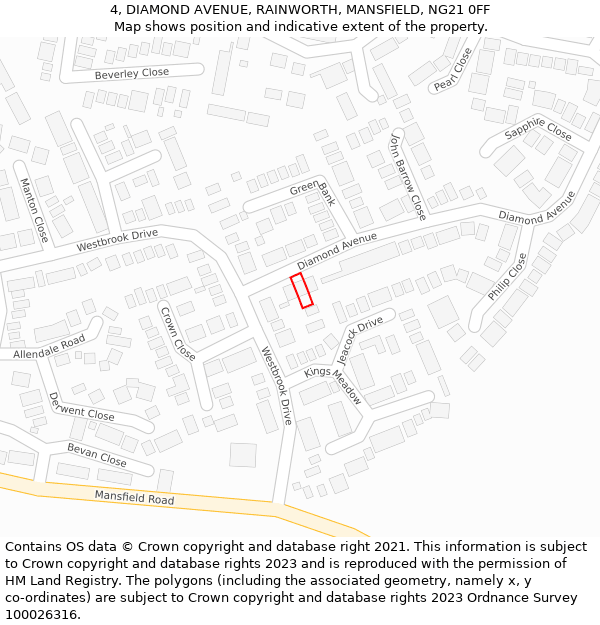 4, DIAMOND AVENUE, RAINWORTH, MANSFIELD, NG21 0FF: Location map and indicative extent of plot