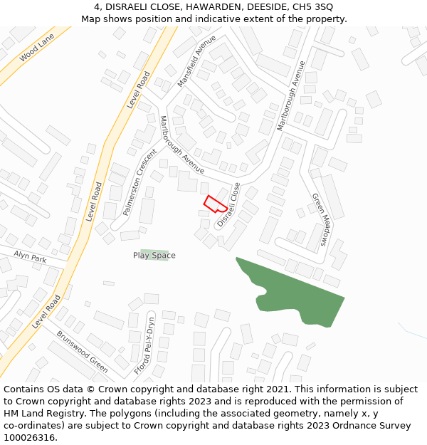 4, DISRAELI CLOSE, HAWARDEN, DEESIDE, CH5 3SQ: Location map and indicative extent of plot