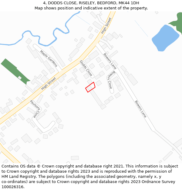 4, DODDS CLOSE, RISELEY, BEDFORD, MK44 1DH: Location map and indicative extent of plot