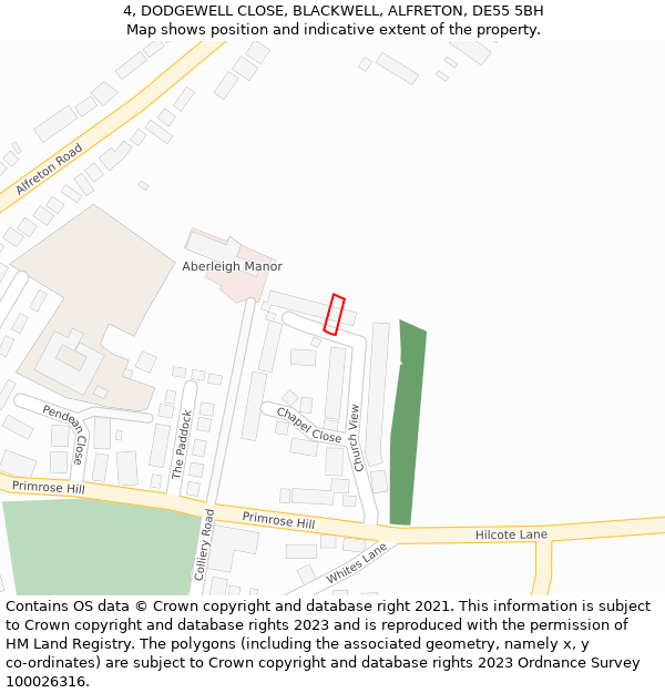 4, DODGEWELL CLOSE, BLACKWELL, ALFRETON, DE55 5BH: Location map and indicative extent of plot