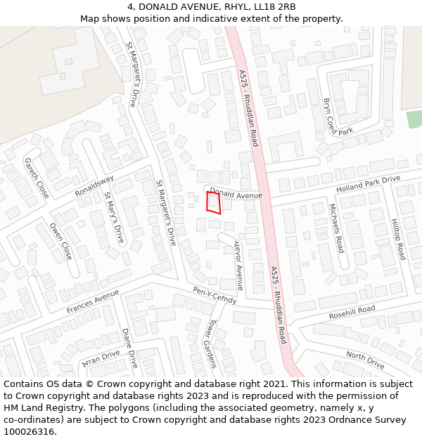 4, DONALD AVENUE, RHYL, LL18 2RB: Location map and indicative extent of plot