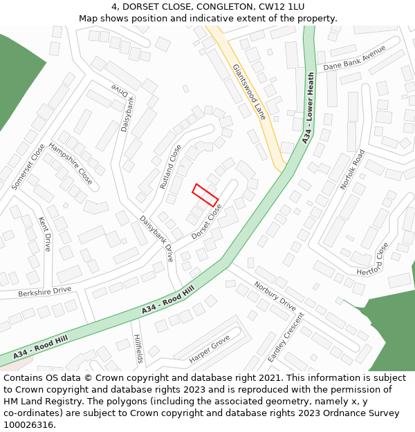 4, DORSET CLOSE, CONGLETON, CW12 1LU: Location map and indicative extent of plot