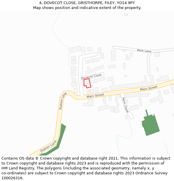 4, DOVECOT CLOSE, GRISTHORPE, FILEY, YO14 9PY: Location map and indicative extent of plot