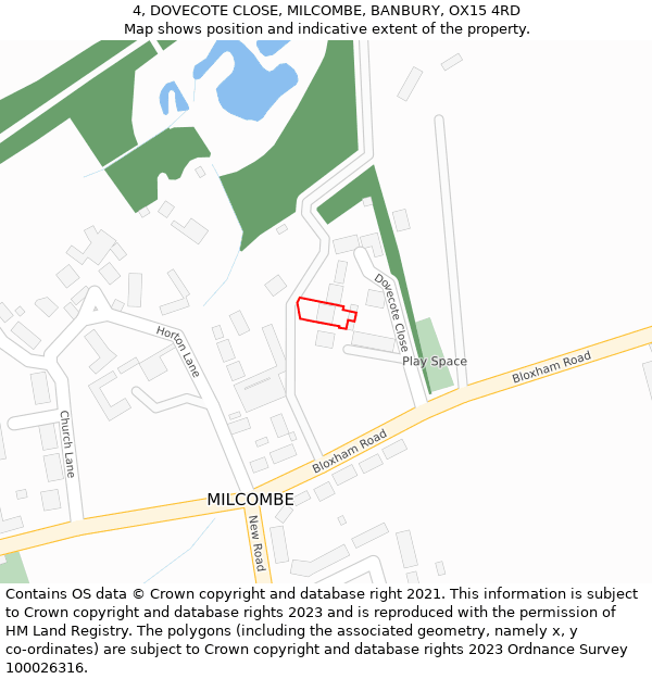 4, DOVECOTE CLOSE, MILCOMBE, BANBURY, OX15 4RD: Location map and indicative extent of plot