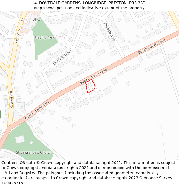 4, DOVEDALE GARDENS, LONGRIDGE, PRESTON, PR3 3SF: Location map and indicative extent of plot