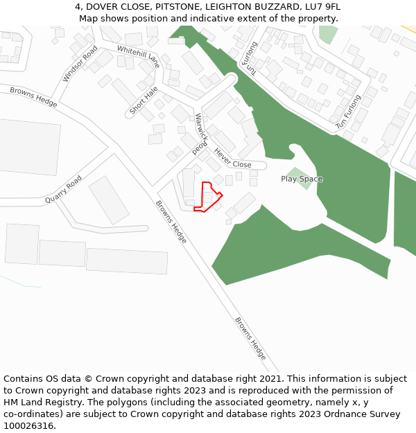 4, DOVER CLOSE, PITSTONE, LEIGHTON BUZZARD, LU7 9FL: Location map and indicative extent of plot