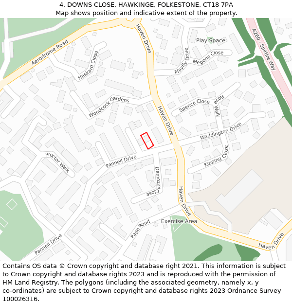 4, DOWNS CLOSE, HAWKINGE, FOLKESTONE, CT18 7PA: Location map and indicative extent of plot