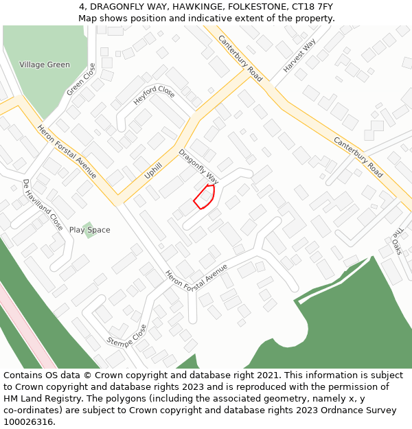 4, DRAGONFLY WAY, HAWKINGE, FOLKESTONE, CT18 7FY: Location map and indicative extent of plot