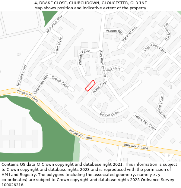 4, DRAKE CLOSE, CHURCHDOWN, GLOUCESTER, GL3 1NE: Location map and indicative extent of plot