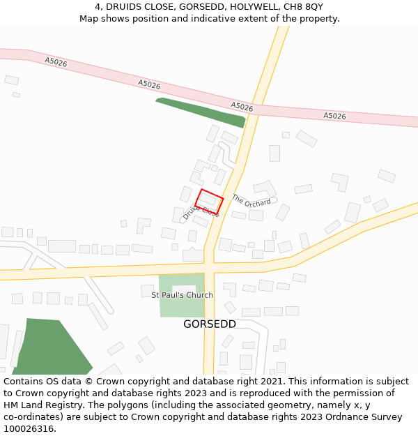 4, DRUIDS CLOSE, GORSEDD, HOLYWELL, CH8 8QY: Location map and indicative extent of plot