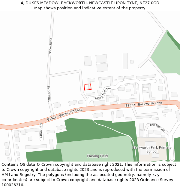 4, DUKES MEADOW, BACKWORTH, NEWCASTLE UPON TYNE, NE27 0GD: Location map and indicative extent of plot