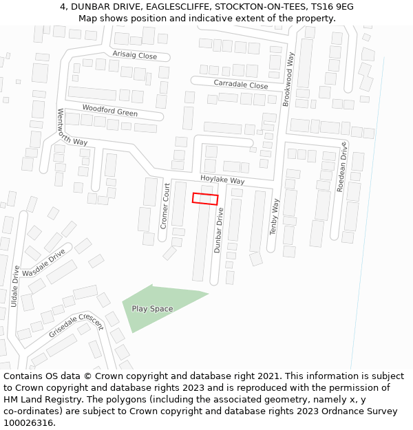 4, DUNBAR DRIVE, EAGLESCLIFFE, STOCKTON-ON-TEES, TS16 9EG: Location map and indicative extent of plot