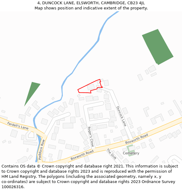 4, DUNCOCK LANE, ELSWORTH, CAMBRIDGE, CB23 4JL: Location map and indicative extent of plot