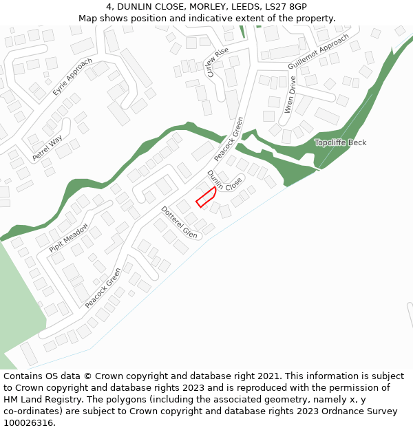 4, DUNLIN CLOSE, MORLEY, LEEDS, LS27 8GP: Location map and indicative extent of plot