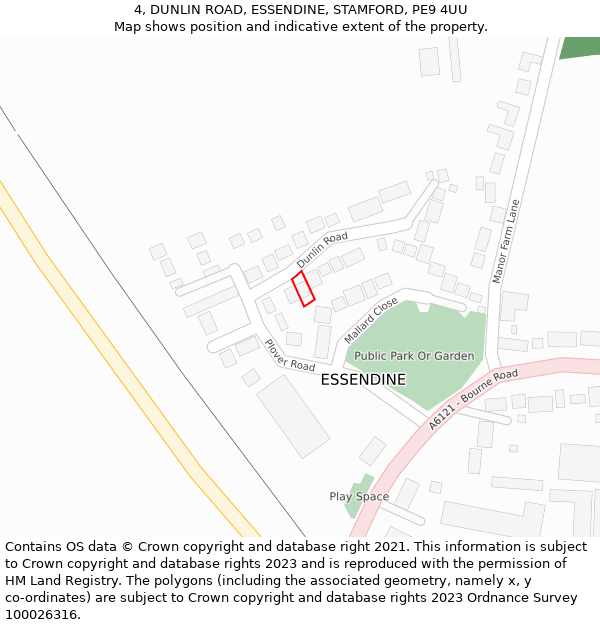 4, DUNLIN ROAD, ESSENDINE, STAMFORD, PE9 4UU: Location map and indicative extent of plot