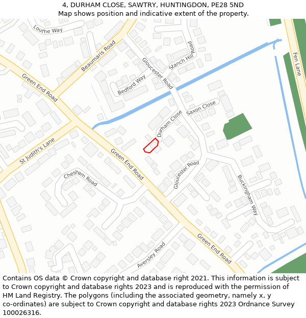 4, DURHAM CLOSE, SAWTRY, HUNTINGDON, PE28 5ND: Location map and indicative extent of plot