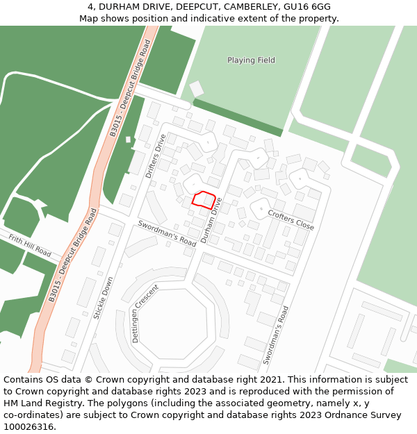 4, DURHAM DRIVE, DEEPCUT, CAMBERLEY, GU16 6GG: Location map and indicative extent of plot