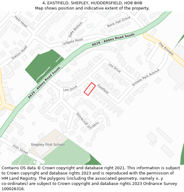 4, EASTFIELD, SHEPLEY, HUDDERSFIELD, HD8 8HB: Location map and indicative extent of plot