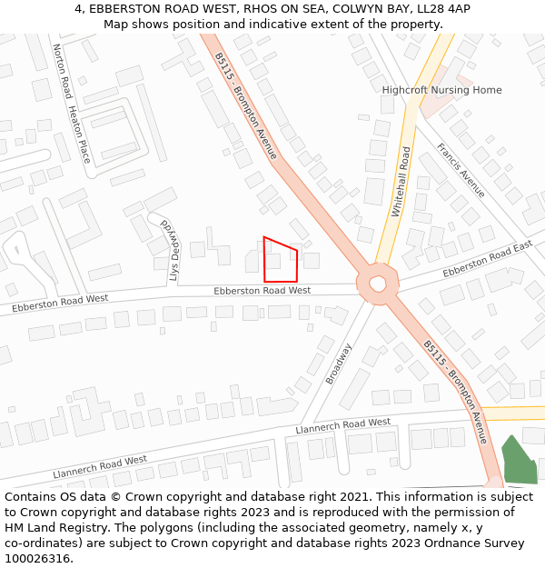 4, EBBERSTON ROAD WEST, RHOS ON SEA, COLWYN BAY, LL28 4AP: Location map and indicative extent of plot