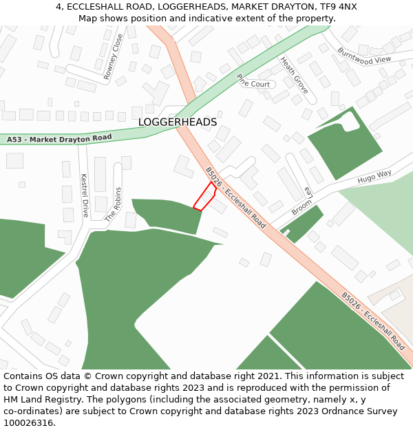 4, ECCLESHALL ROAD, LOGGERHEADS, MARKET DRAYTON, TF9 4NX: Location map and indicative extent of plot