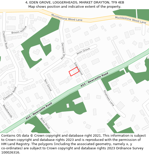 4, EDEN GROVE, LOGGERHEADS, MARKET DRAYTON, TF9 4EB: Location map and indicative extent of plot