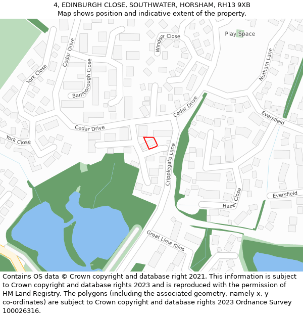 4, EDINBURGH CLOSE, SOUTHWATER, HORSHAM, RH13 9XB: Location map and indicative extent of plot