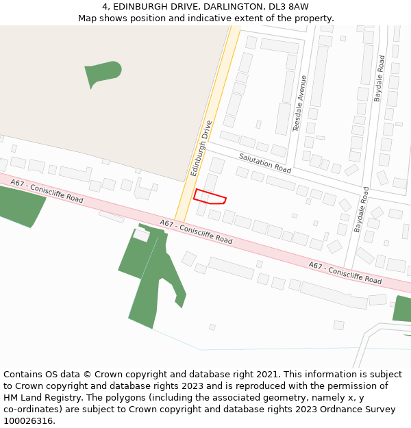 4, EDINBURGH DRIVE, DARLINGTON, DL3 8AW: Location map and indicative extent of plot
