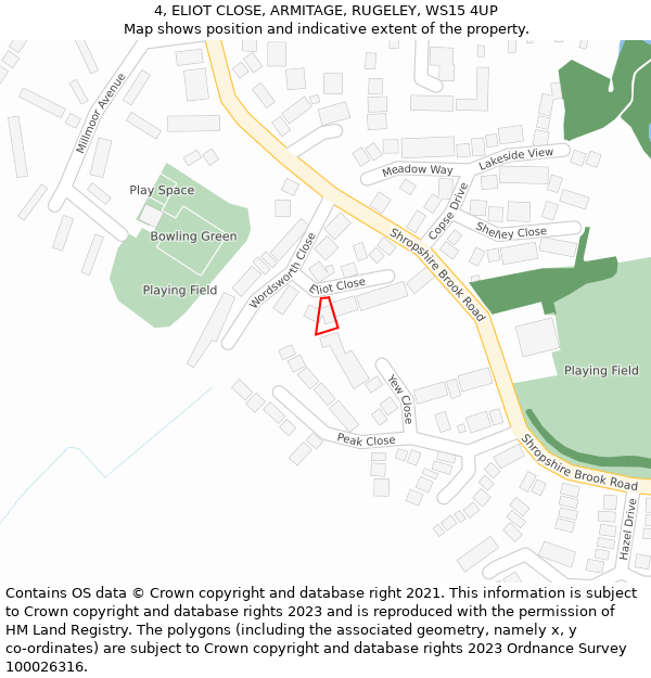 4, ELIOT CLOSE, ARMITAGE, RUGELEY, WS15 4UP: Location map and indicative extent of plot