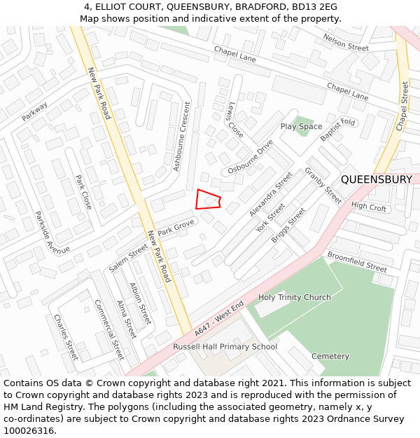 4, ELLIOT COURT, QUEENSBURY, BRADFORD, BD13 2EG: Location map and indicative extent of plot