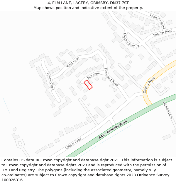 4, ELM LANE, LACEBY, GRIMSBY, DN37 7ST: Location map and indicative extent of plot