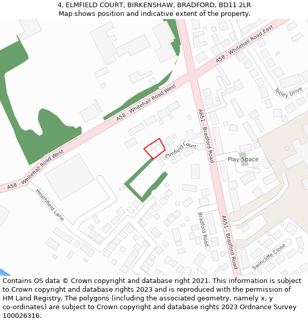 4, ELMFIELD COURT, BIRKENSHAW, BRADFORD, BD11 2LR: Location map and indicative extent of plot