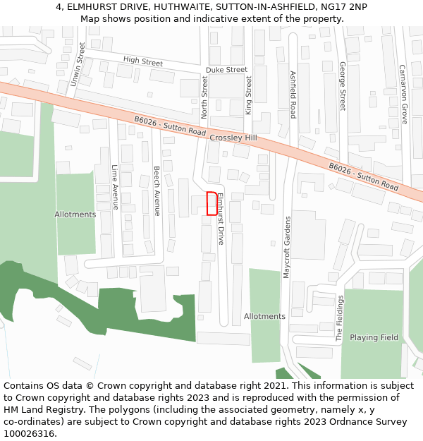 4, ELMHURST DRIVE, HUTHWAITE, SUTTON-IN-ASHFIELD, NG17 2NP: Location map and indicative extent of plot