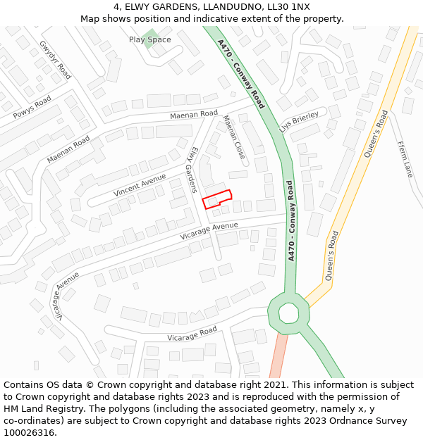 4, ELWY GARDENS, LLANDUDNO, LL30 1NX: Location map and indicative extent of plot