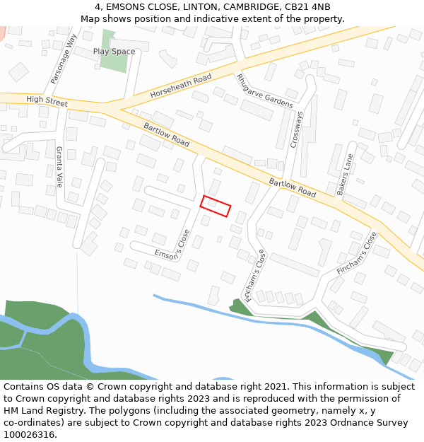 4, EMSONS CLOSE, LINTON, CAMBRIDGE, CB21 4NB: Location map and indicative extent of plot