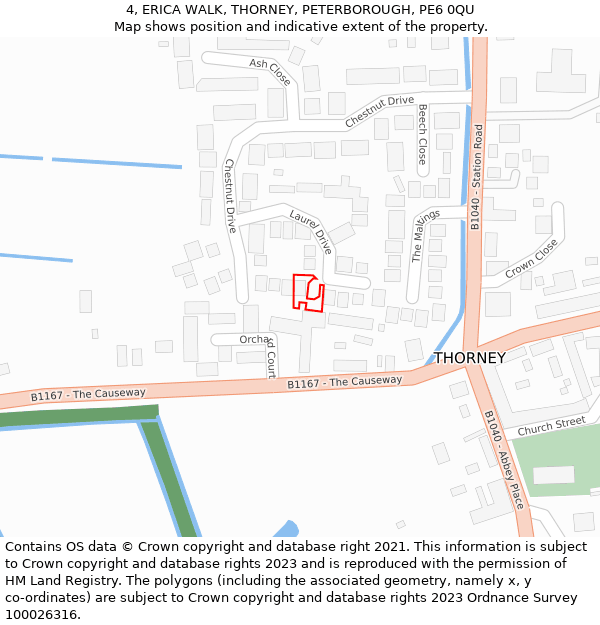 4, ERICA WALK, THORNEY, PETERBOROUGH, PE6 0QU: Location map and indicative extent of plot