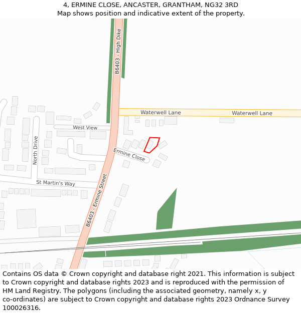 4, ERMINE CLOSE, ANCASTER, GRANTHAM, NG32 3RD: Location map and indicative extent of plot