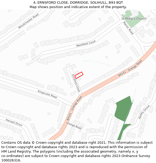 4, ERNSFORD CLOSE, DORRIDGE, SOLIHULL, B93 8QT: Location map and indicative extent of plot