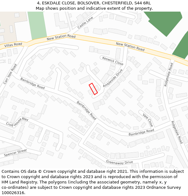 4, ESKDALE CLOSE, BOLSOVER, CHESTERFIELD, S44 6RL: Location map and indicative extent of plot