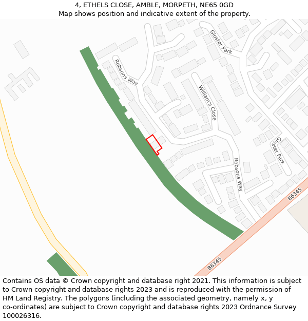 4, ETHELS CLOSE, AMBLE, MORPETH, NE65 0GD: Location map and indicative extent of plot