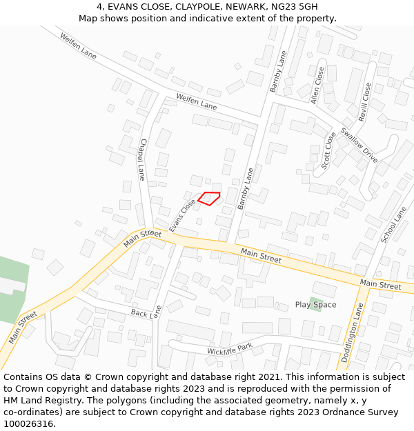 4, EVANS CLOSE, CLAYPOLE, NEWARK, NG23 5GH: Location map and indicative extent of plot