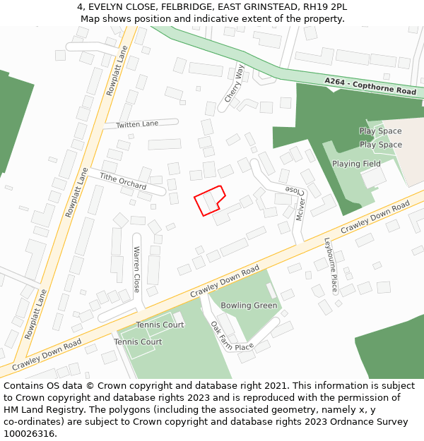 4, EVELYN CLOSE, FELBRIDGE, EAST GRINSTEAD, RH19 2PL: Location map and indicative extent of plot
