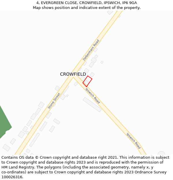 4, EVERGREEN CLOSE, CROWFIELD, IPSWICH, IP6 9GA: Location map and indicative extent of plot