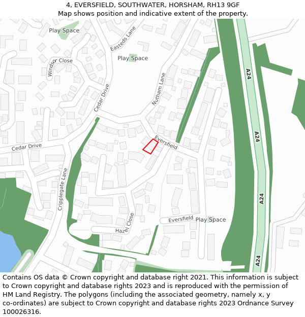 4, EVERSFIELD, SOUTHWATER, HORSHAM, RH13 9GF: Location map and indicative extent of plot