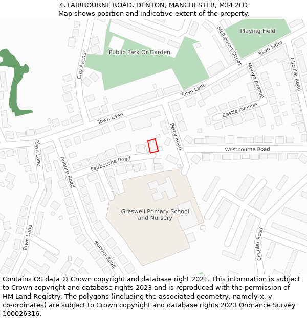 4, FAIRBOURNE ROAD, DENTON, MANCHESTER, M34 2FD: Location map and indicative extent of plot