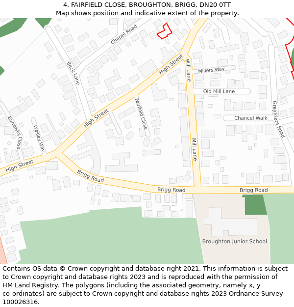 4, FAIRFIELD CLOSE, BROUGHTON, BRIGG, DN20 0TT: Location map and indicative extent of plot