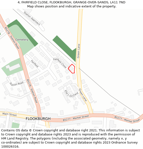 4, FAIRFIELD CLOSE, FLOOKBURGH, GRANGE-OVER-SANDS, LA11 7ND: Location map and indicative extent of plot