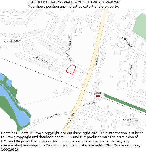 4, FAIRFIELD DRIVE, CODSALL, WOLVERHAMPTON, WV8 2AG: Location map and indicative extent of plot