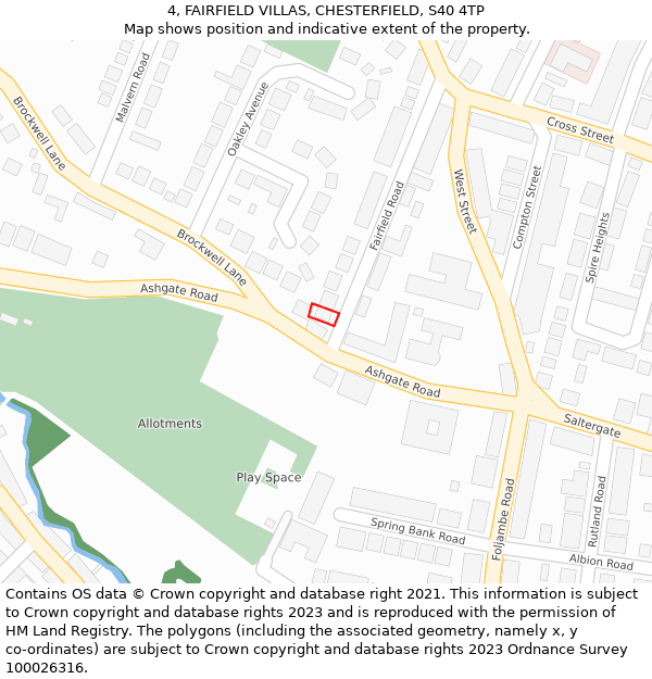 4, FAIRFIELD VILLAS, CHESTERFIELD, S40 4TP: Location map and indicative extent of plot