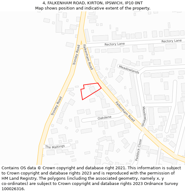 4, FALKENHAM ROAD, KIRTON, IPSWICH, IP10 0NT: Location map and indicative extent of plot