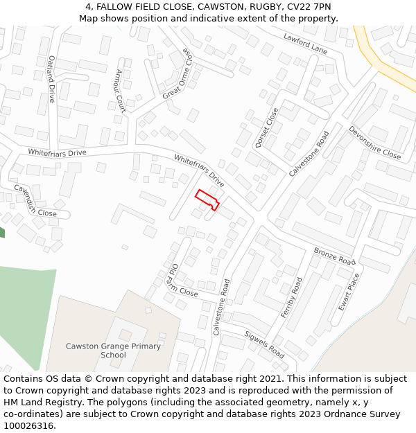 4, FALLOW FIELD CLOSE, CAWSTON, RUGBY, CV22 7PN: Location map and indicative extent of plot